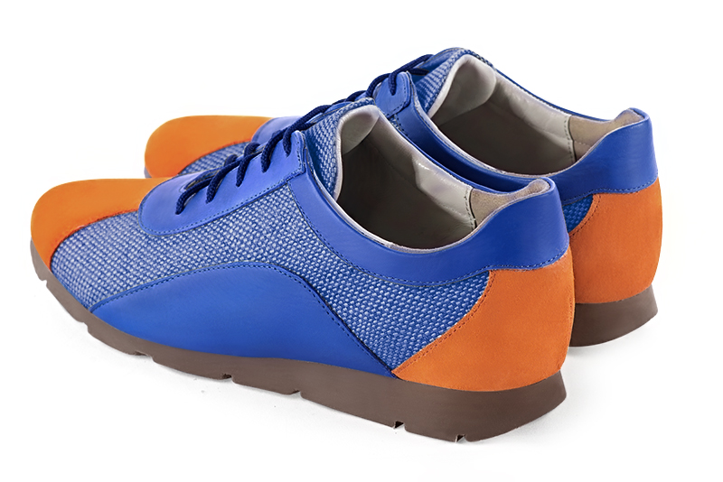 Apricot orange and electric blue women's two-tone elegant sneakers. Round toe. Flat rubber soles. Rear view - Florence KOOIJMAN